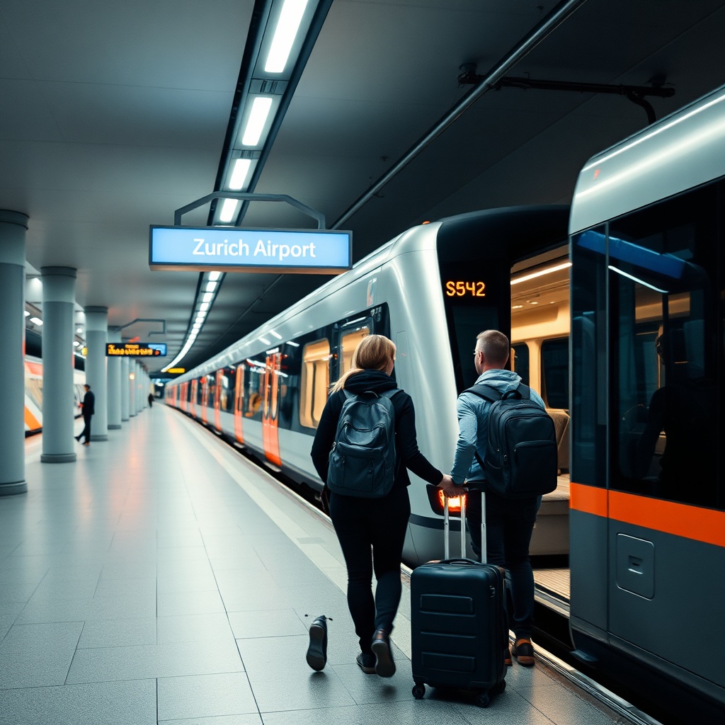 Passengers boarding a train at Zurich Airport station for a quick city center trip during their Zurich airport layover