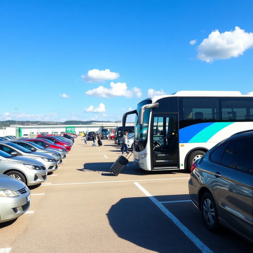 Budget parking lot at Zurich Airport with shuttle bus and travelers, offering an economical parking option for long-term stays, with terminal visible in the background.